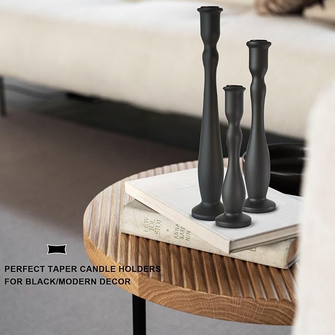 Candlestick Holders Black Candle Holder for Candlestick,Taper Modern Candle Holders Set of 3,Tall Wood Candle Sticks Holder Decor(12"/10"/8" H) (3, Black)
