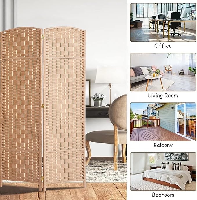 Rose Home Fashion Room Divider, 6 ft Tall Room Dividers and Folding Privacy Screens, 16in Privacy Screen 4 Panel Natural Space Temporary Wall Foldable Partition Separation