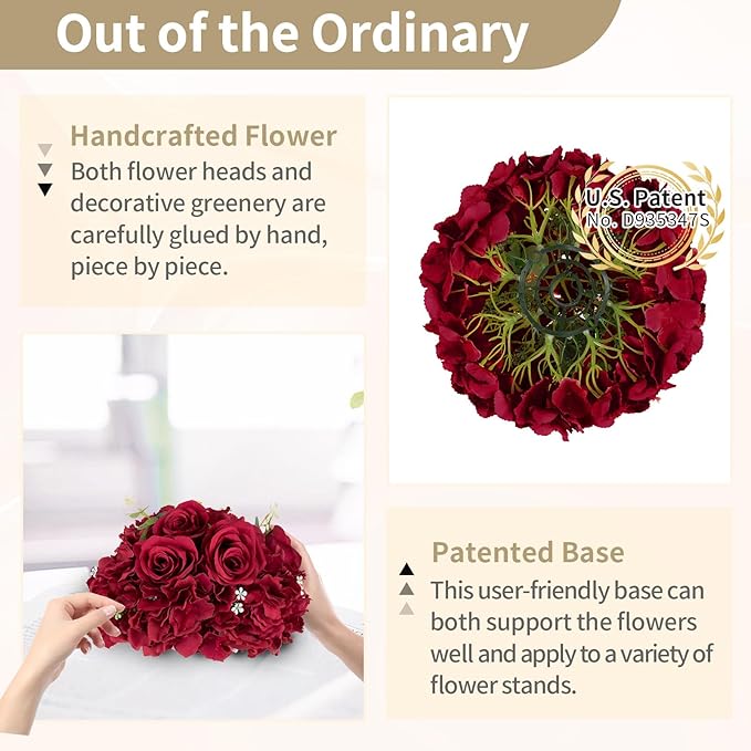 NUPTIO Flower Balls for Centerpieces Wedding: 2 Pcs 11.8 inch Diameter Artificial Flower Ball Arrangement Bouquet Centerpiece for Tables - Burgundy Fake Rose Flowers for Wedding Decor
