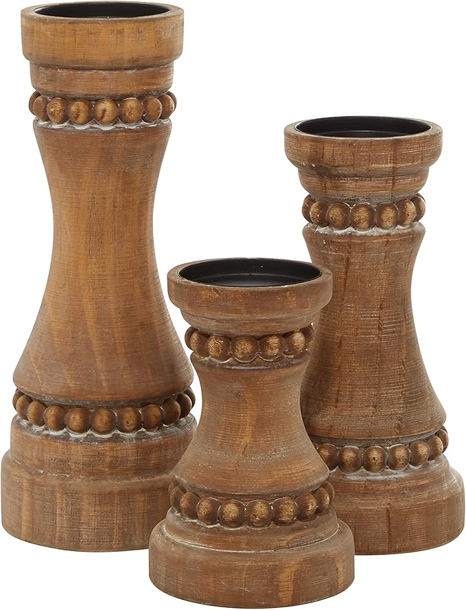 Deco 79 Wood Beaded Pillar Candle Holder, Set of 3 12", 9", 7"H, Brown