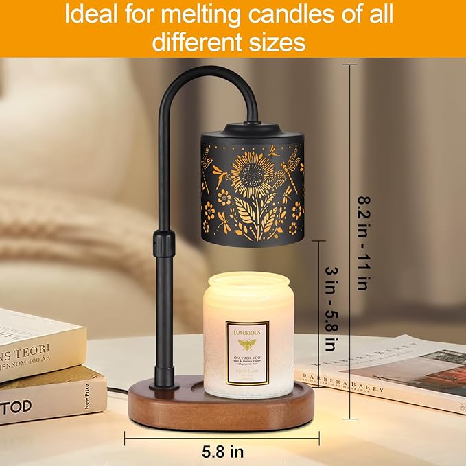 Dimmable Candle Warmer Lamp with Timer Adjustable Height for Scented Jar Candles Electric Candle Wax Melt Warmer for Home Decor Christmas Birthday Gifts for Women Mom(Sunflower+Dragonfly)