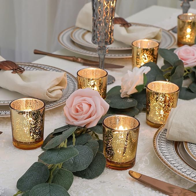 DEVI Gold Votive Candle Holders 24 Pcs, Mercury Tealight Candle Holder Glass, Gold Wedding Centerpieces for Table Decorations, Valentine Diwali Party Bridal Shower Decorations