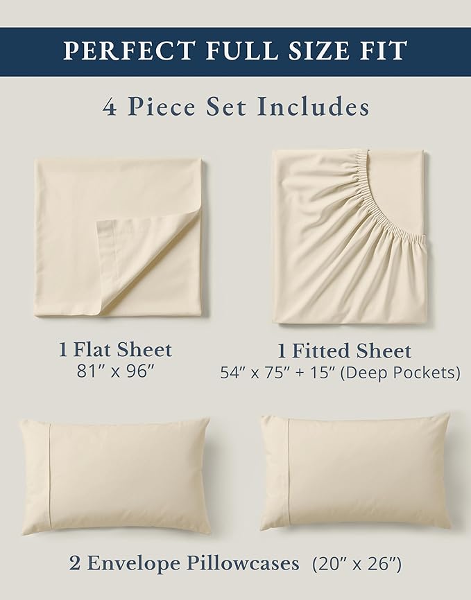 LANE LINEN 100% Organic Cotton Full Sheets Set, 4-Piece Pure Organic Cotton Percale Sheets, Long Staple Cotton Sheet, Ultra Soft Bedding Sheet, Breathable,Fits Mattress Upto 15" Deep - Natural