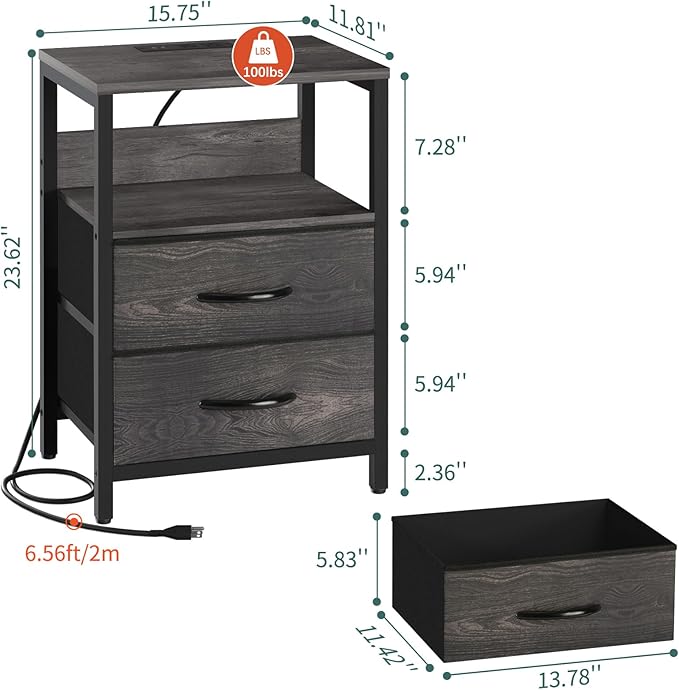 Yoobure Nightstand with Charging Station, LED Night Stand with Fabric Drawers and Storage Shelf for Bedroom, Nightstands Bedside Tables with USB Ports & Outlets, Small Night Stands, Bed Side Table