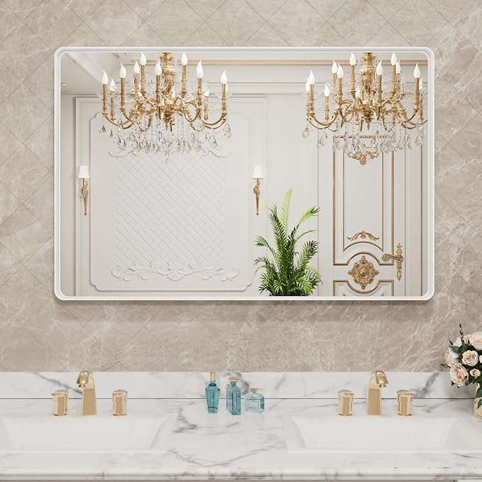 LOAAO 40x30 Inch White Metal Framed Bathroom Mirror for Wall, White Bathroom Vanity Mirror Farmhouse, Large Rounded Rectangle Mirror, Anti-Rust, Tempered Glass, Hangs Horizontally or Vertically