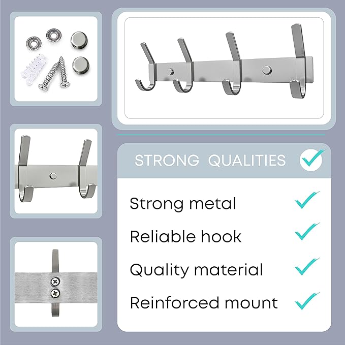 Brushed Nickel Coat Rack Wall Mount with 4 Double Hooks for Hanging – 12 Inch Heavy Duty SUS304 Stainless Steel Rustic Coat Hooks – Clothes, Purse, Towel Wall Hooks – 2 Pack