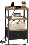 Fixwal Night Stand with Charging Station, Adjustable Bed Side Table with Fabric Drawer, Farmhouse End Table, Bedside Table with Storage, Rustic Brown