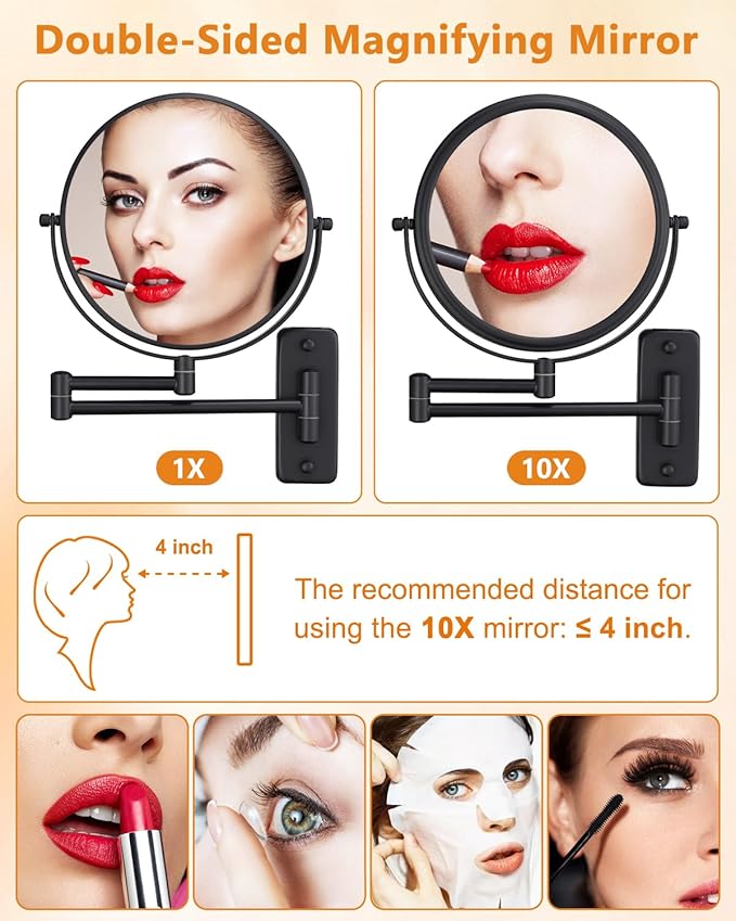 Wall Mounted Makeup Mirror - 1X/10X Magnifying Mirror for Wall, 8 Inch Double Sided 360° Swivel Extendable Bathroom Mirror for Shaving, Black