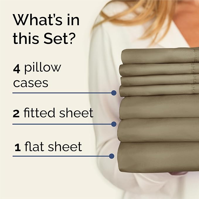 Split King 7 Piece Sheet Set - Comfy Breathable & Cooling - Ultra-Soft Hotel Luxury Bedding Set w/ 8-16 Inch Deep Pockets - 1 Flat & 2 Fitted Sheet & 4 Pillowcases - Wrinkle Free & Easy Care - Khaki