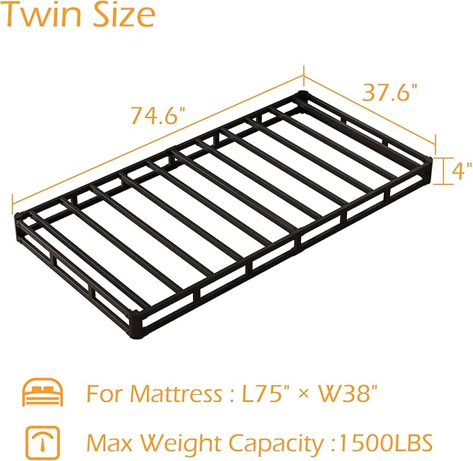 Box Spring Twin 4 Inch Low Profile, Heavy Duty Metal Box Spring Bed Base with Fabric Cover, Mattress Foundation, Easy Assembly, Noise Free, Black