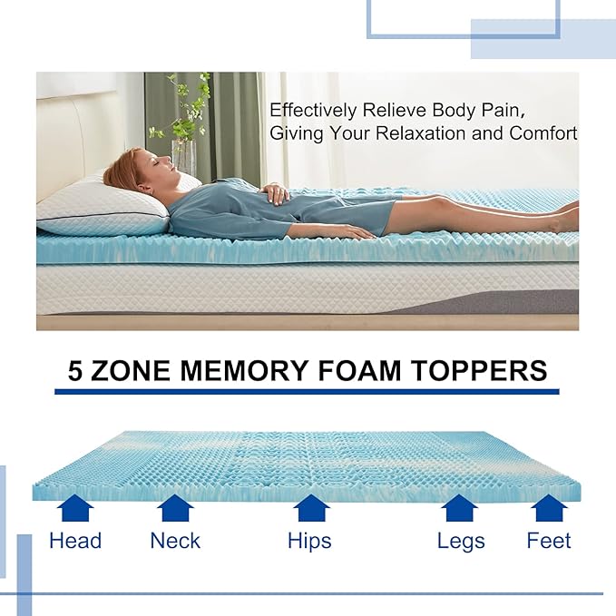 SINWEEK 2 Inch Mattress Topper 5-Zone Memory Foam Mattress Topper Pressure Relieve Soft Mattress Pad, CertiPUR-US Certified, King Size Blue