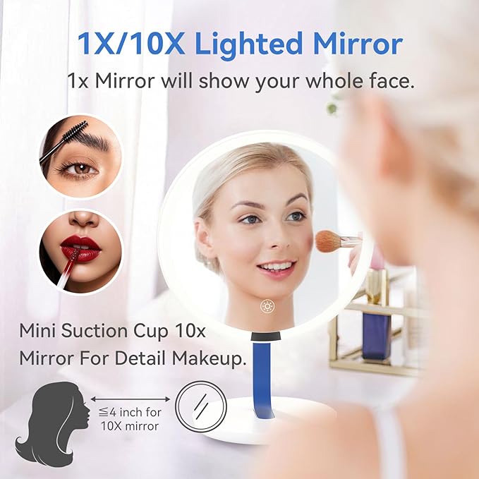 9.65-inch Lighting Makeup Mirror, 1x / 10x,Touch Control,3-Color Adjustable,Metal Stand,up and Down Adjustable Makeup Mirror, High Color Rendering, Eye-Protecting Light Source,Ultramarine
