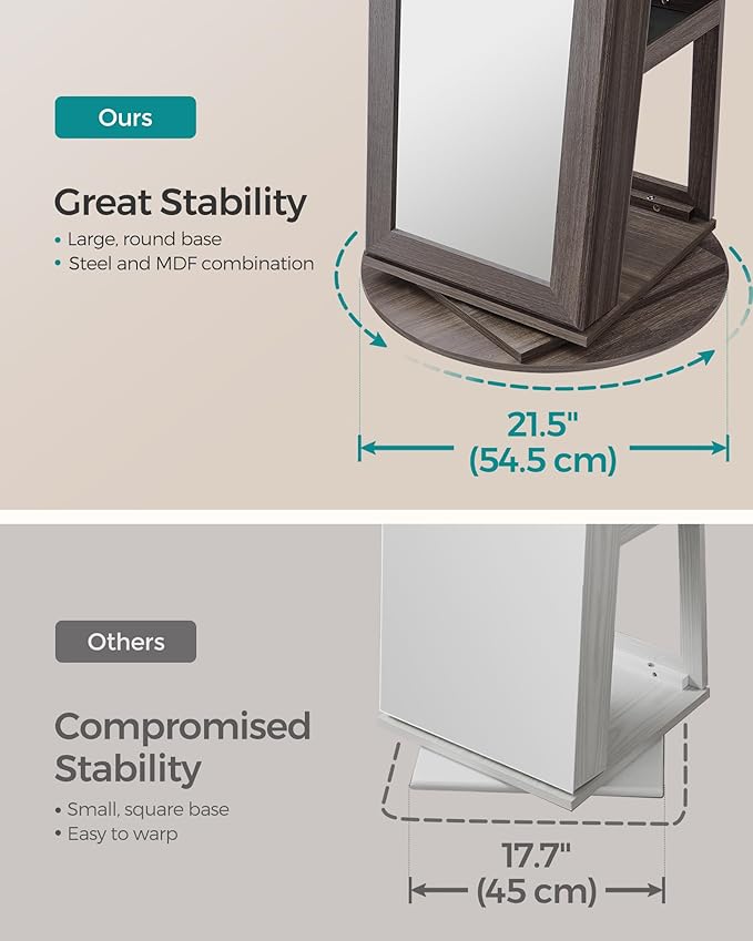 SONGMICS 360° Swivel Jewelry Cabinet, Lockable Jewelry Organizer with Full-Length Mirror, Rear Storage Shelves, Interior Mirror, Jewelry Armoire, Christmas Gifts for Women, Ash Brown UJJC006K02