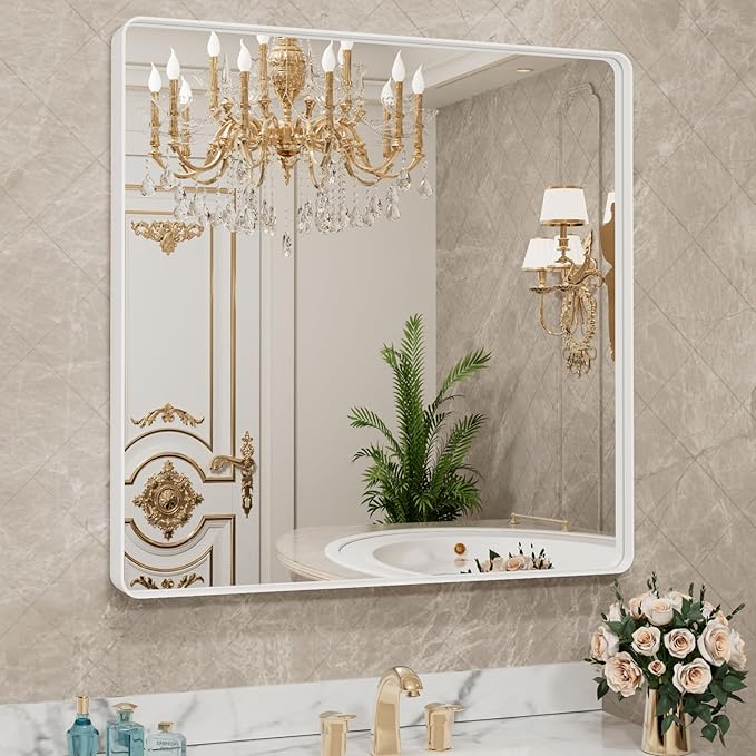 LOAAO 38x38 Inch White Metal Framed Bathroom Mirror for Wall, White Bathroom Vanity Mirror Farmhouse, Large Rounded Rectangle Mirror, Anti-Rust, Tempered Glass, Hangs Horizontally or Vertically
