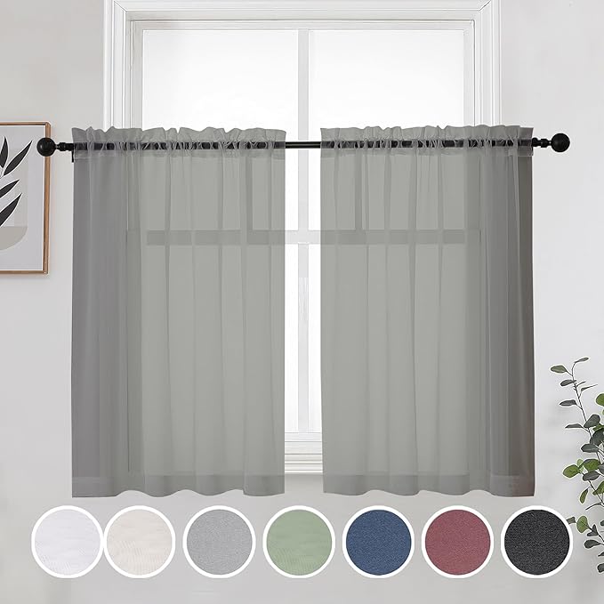 OWENIE Short Grey Sheer Curtains 36 Inches 2 Panels Set - Light Filtering Kitchen Tiers Rod Pocket Voile Cafe Curtains for Kitchen Bathroom Small Half Window, 42 in W x 36 in L, Grey
