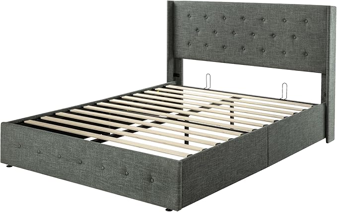 Allewie Full Size Lift Up Storage Bed, Button Tufted Headboard with Wingback, Hydraulic Support, No Box Spring Needed, Dark Grey