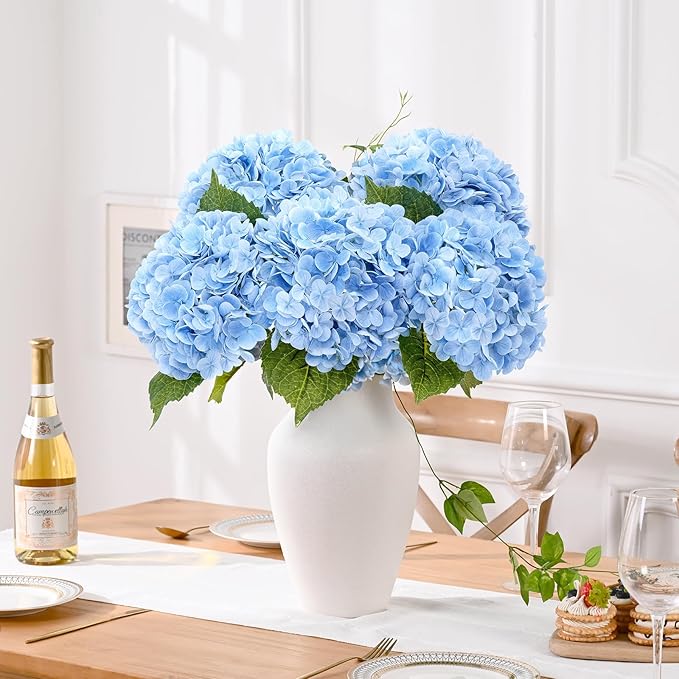 Waipfaru 21" Real Touch Blue Hydrangea Artificial Flowers with Long Stem & Leaves, Full Latex Faux Hydrangea Flowers for Home Decor Party Floral Arrangements Wedding Bouquets Centerpieces, 5Pcs