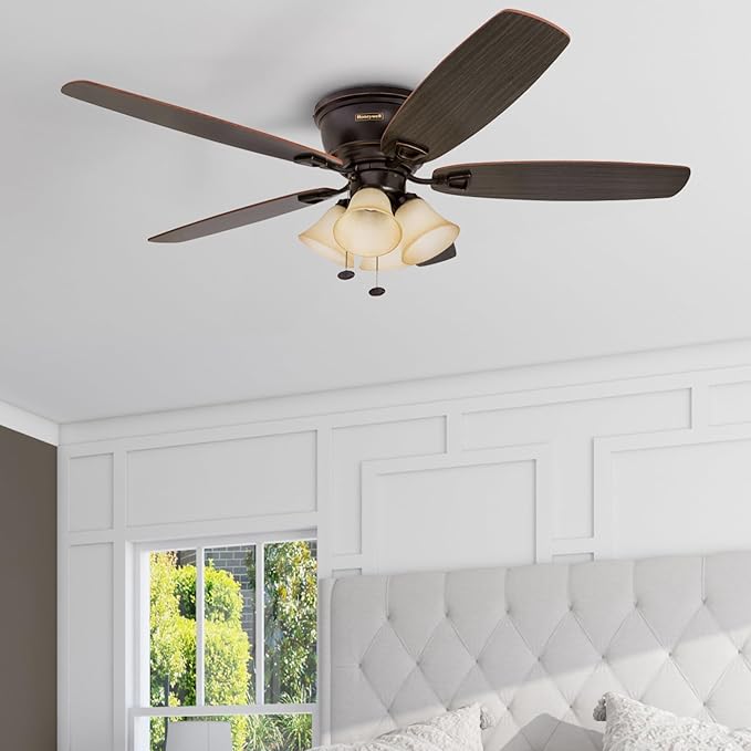 Honeywell Ceiling Fans Glen Alden, 52 Inch Classic Flush Mount Indoor LED Ceiling Fan with Light, Pull Chain, Quick-2-Hang Dual Finish Blades, Reversible Motor - 50183 (Oil Rubbed Bronze)