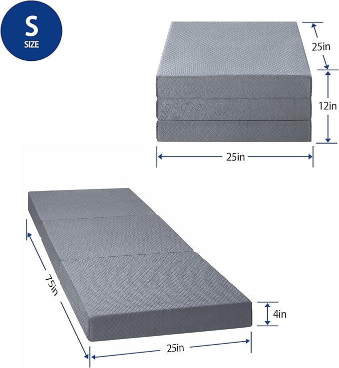Olee Sleep Tri-Folding Memory Foam Mattress Topper, 4 Inch Gel Folding Mattress for Camping, Foldable Guest Bed, Washable Cover, CertiPUR-US Certified, Soft, Grey, Single Size