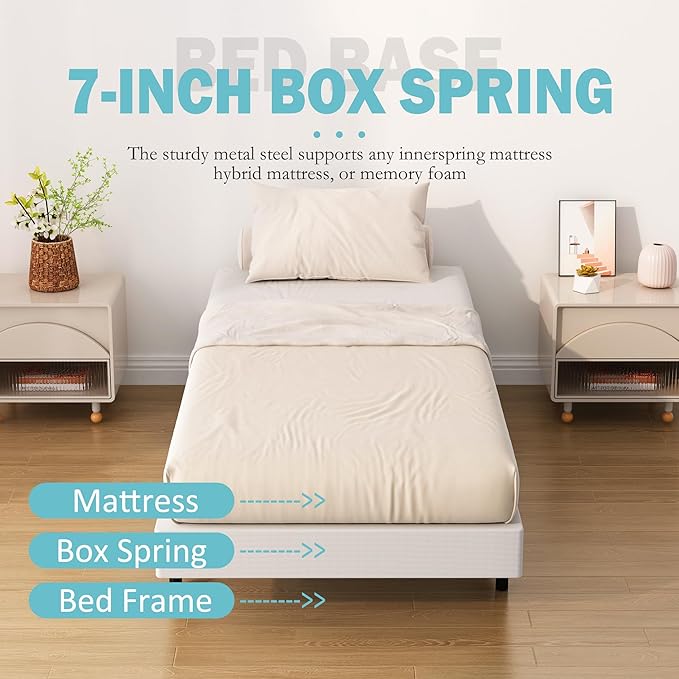 7 Inch Twin Box Spring Bed Base, Low Profile Metal Boxspring Twin with Fabric Cover, 2000 Lbs Max Weight Capacity Mattress Foundation, Noise-Free, Easy Assembly