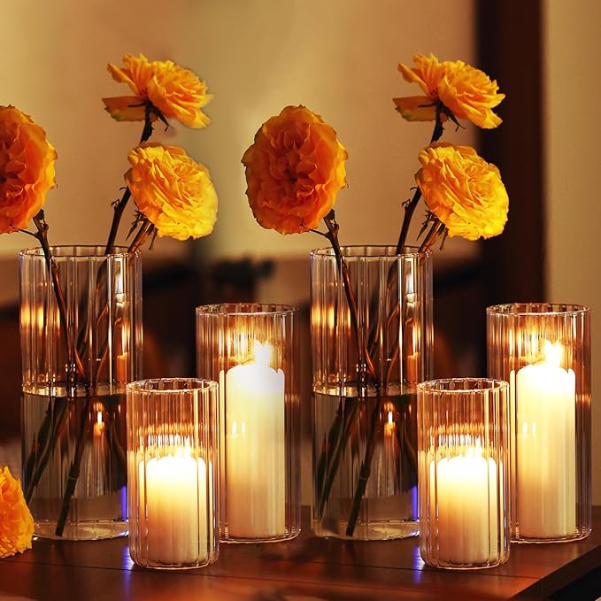 yshengood Glass Hurricane Candle Holder Ribbed Glass Candle Holder - Elegant & Easy to Use, Perfect for Wedding, Holiday, Party Decor, Home and Event Essential