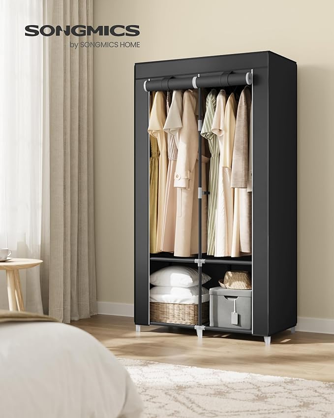 SONGMICS Portable Closet, Wardrobe Closet Organizer with Cover, 2 Hanging Rods and Shelves, 4 Side Pockets, 33.9 x 17.7 x 65.7 Inches, Large Capacity for Bedroom, Living Room, Ink Black URYG091B01