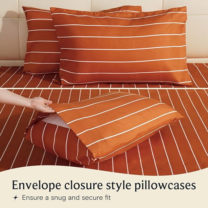 LuxClub 4 PC Sheet Set Bed Sheets Deep Pockets 16" Wrinkle Free Cooling Machine Washable Hotel Bedding Silky Soft - Striped-Autumn Orange Full