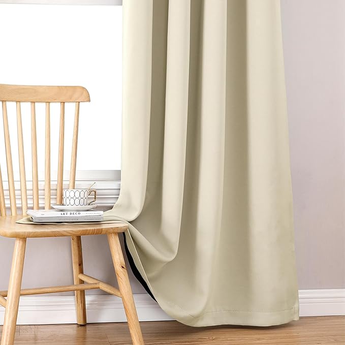 ChrisDowa 100% Blackout Curtains 63 inch Long for Bedroom with Black Liner, Extra Wide 2 Thick Layers Total Blackout Thermal Insulated Grommet Window Curtains 2 Panels Set (Light Beige, 60 x 63 Inch)
