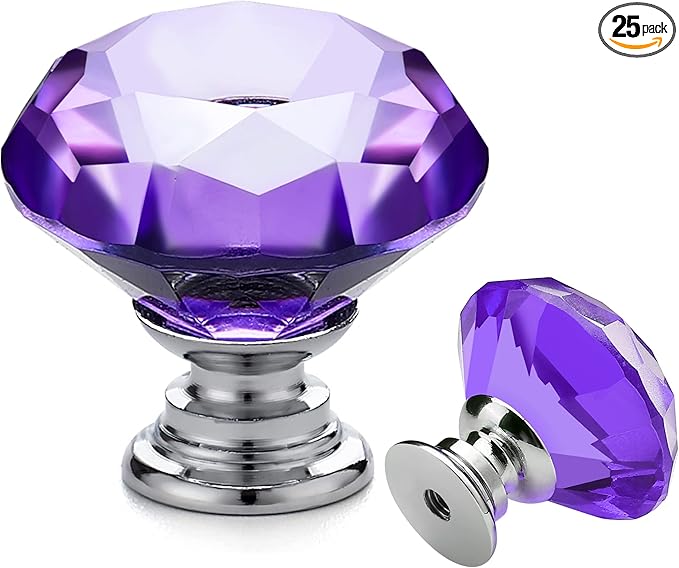 Ravinte 25 Pack Purple Crystal Knobs for Dresser Drawers Glass Cabinet Knobs Diamond Shaped Drawer Knobs - 30 mm Knobs with Silver Base