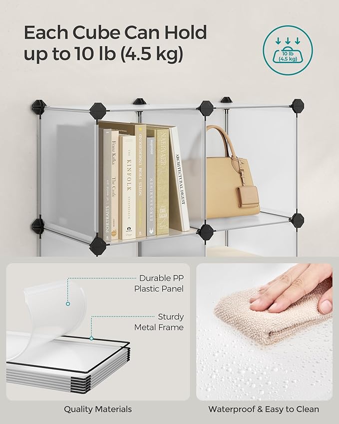 SONGMICS Cube Storage Organizer, Set of 16 Plastic Cubes, Closet Storage Shelves, DIY Plastic Closet Cabinet, Modular Bookcase, Shelving with Doors for Bedroom, Living Room, White ULPC44BSV1