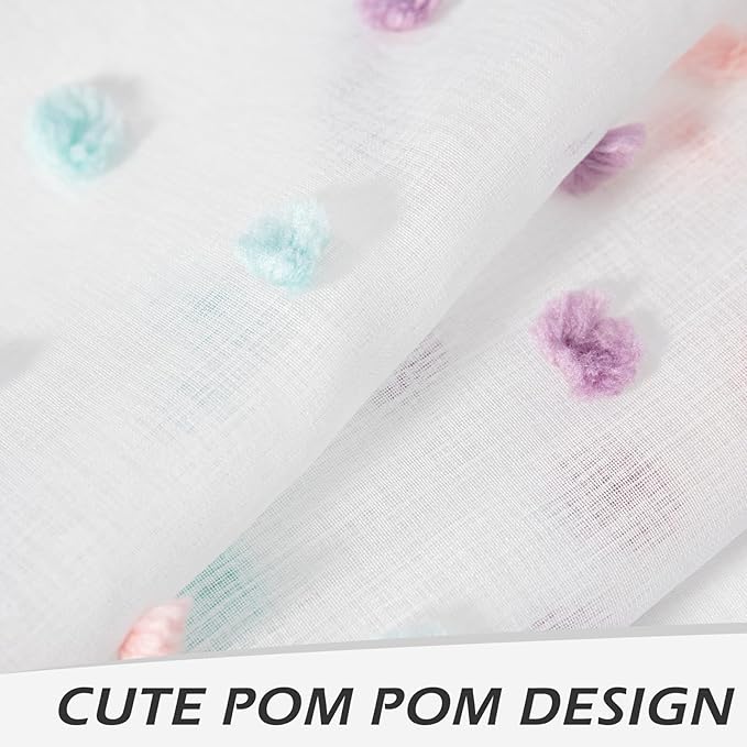 MYSKY HOME Short Curtains for Bedroom Rainbow Pom Pom Sheer Curtains Kitchen Bathroom 54 Inches Long Curtains Nursery Boys Kids Room Rod Pocket 2 Panels Small Window 38" x 54"