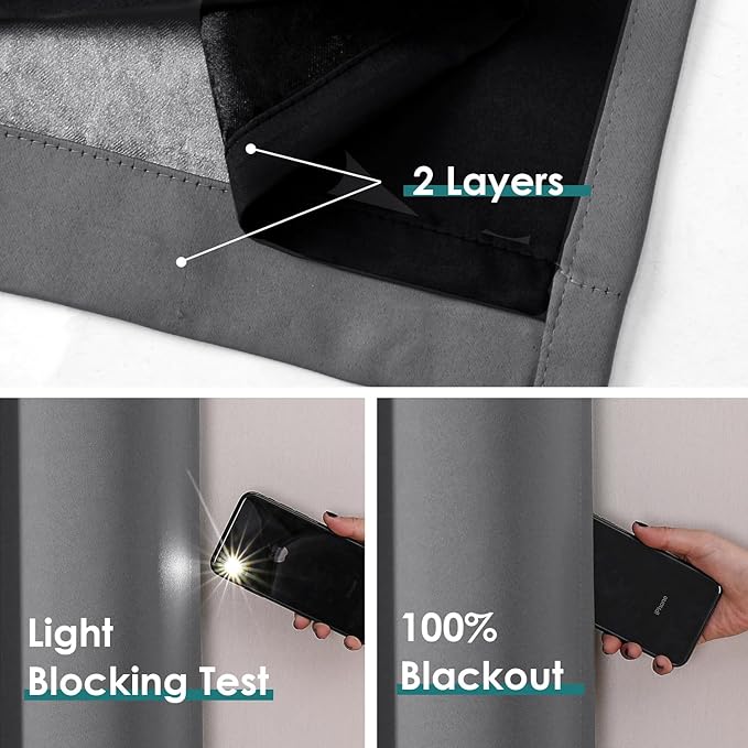 ChrisDowa 100% Blackout Curtains 63 inch Long for Bedroom with Black Liner, 2 Thick Layers Total Blackout Thermal Insulated Grommet Window Curtains 2 Panels Set (Grey, 38 x 63 Inch)