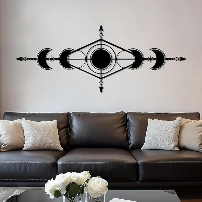 Hfrolixit Moon Phase Metal Wall Decor, Boho Moon Metal Wall Art, Celestial Wall Decor, Scandinavian Natural Wall Art, Astrology Wall Hanging (Silver, 48"x19"/121x49cm)