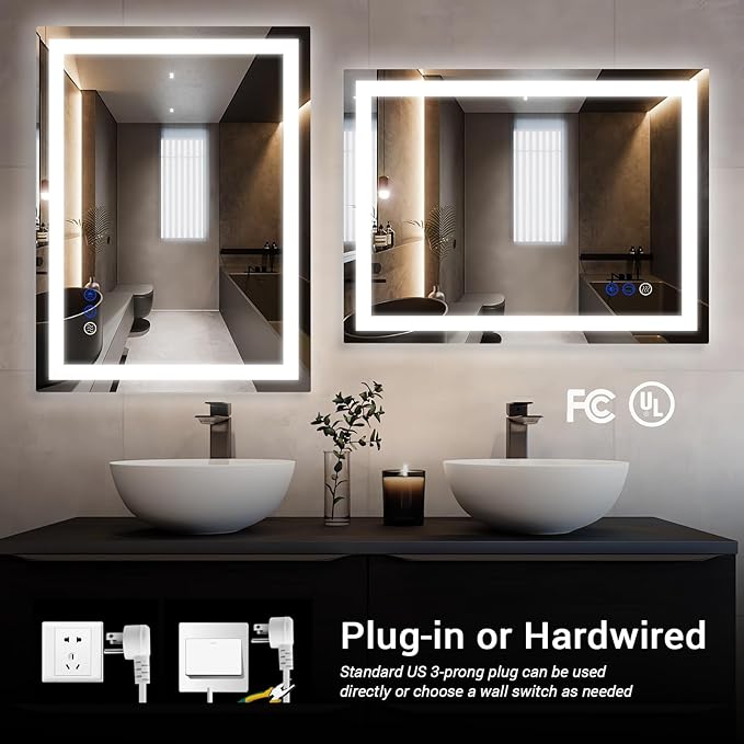 36 x 28 LED Bathroom Mirror with Lights Led Mirror Bathroom Lighted Large Wall-Mounted Vanity Mirror Smart Touch Button,Anti-Fog,Waterproof,Stepless Dimmable,Adjustable Color