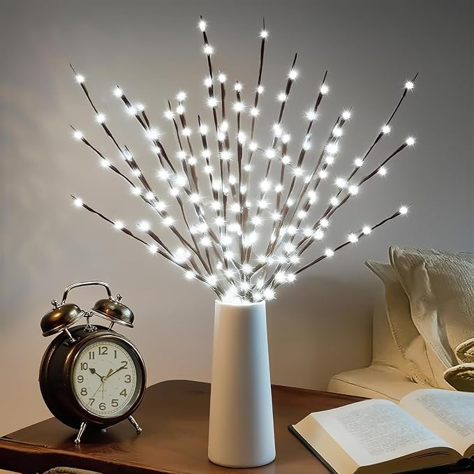 DK177 4 Pack Led Branch Light Battery Operated Lighted Branch Vase Filler Willow Tree Artificial Little Twig Power Brown 30 Inch 20 LED for Home Romantic Decoration, White