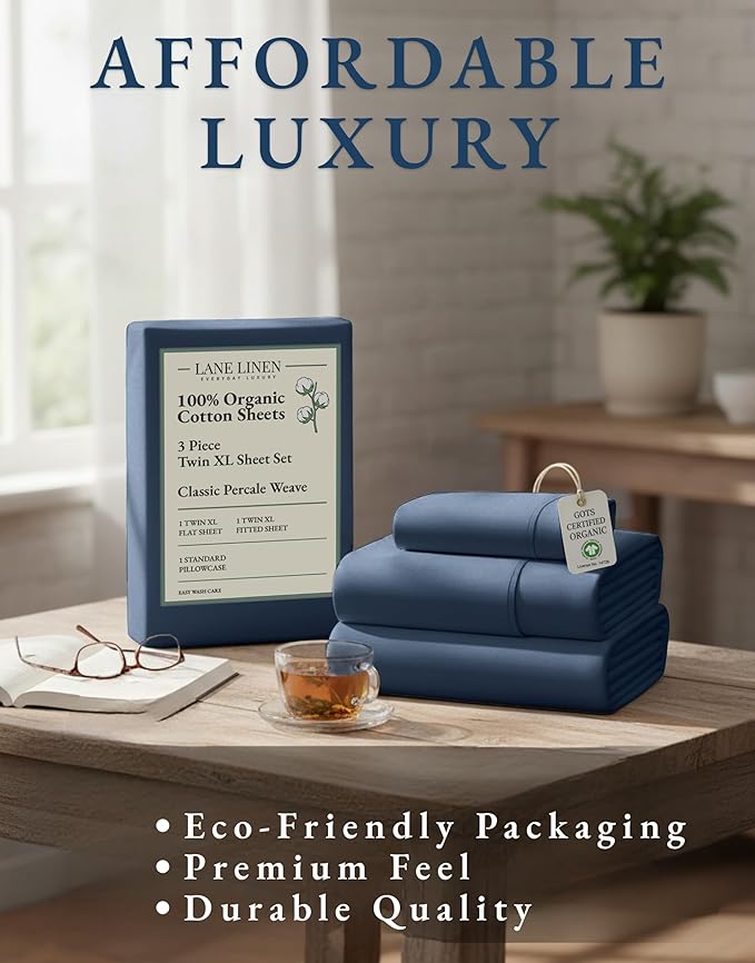 LANE LINEN 100% Organic Cotton Eco Friendly Fully Elasticized Twin XL Sheet Set, Low Pilling Fade Resistant Machine Washable Extra Long Twin Bedding Set, Soft & Comfy Cotton Sheets-Estate Blue