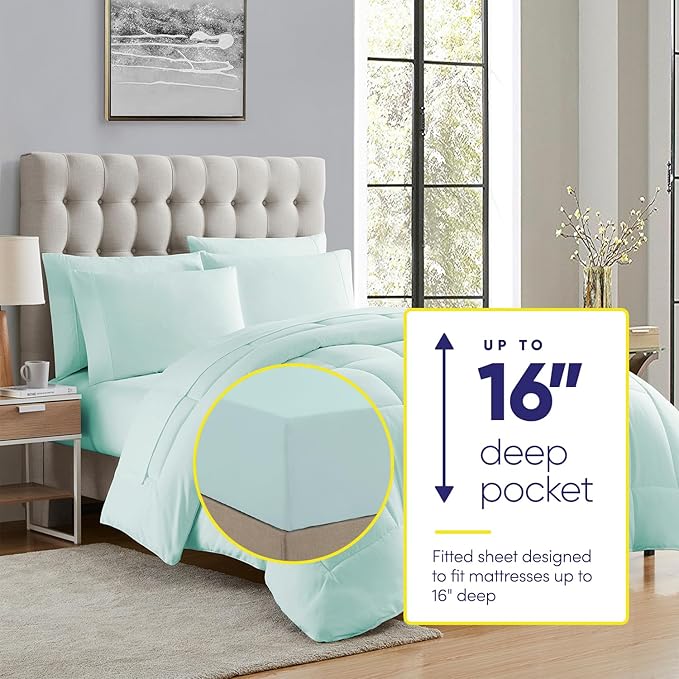 Sweet Home Collection 7 Piece Comforter Set Bag Solid Color All Season Soft Down Alternative Blanket & Luxurious Microfiber Bed Sheets, Aqua, Queen