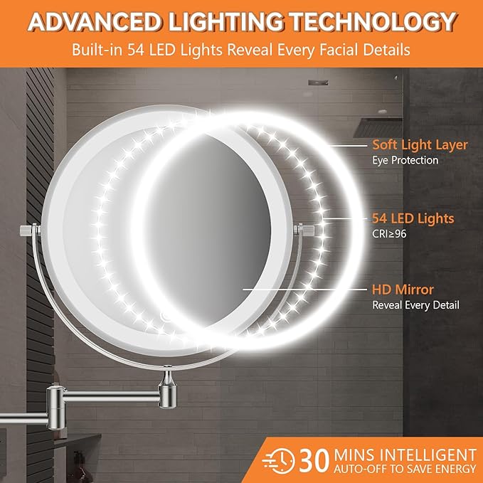 Auxmir Rechargeable Wall Mounted Lighted Makeup Mirror, 8" Double Sided 1X/10X Magnifying Vanity Mirror, 3 Color Lights Touch Dimmable Bathroom Cosmetic with 360° Swivel 13 Inch Extendable Arm, Chrome