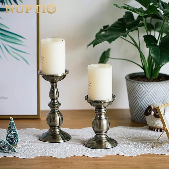 Bronze 2 Pcs Iron Pillar Candle Holders, Most Ideal for 3" Pillar Candles, Gifts for Wedding, Party, Home, Spa, Reiki, Votive Candle (S + L)