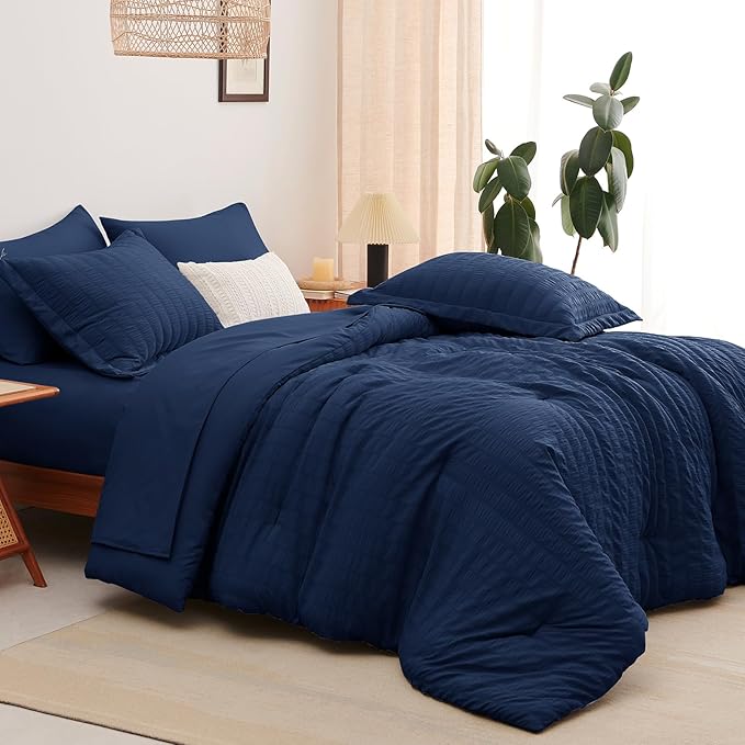 CozyLux Queen Comforter Set Navy Blue Seersucker 7 Pieces Bed in a Bag Queen Comforter Set with Sheets Luxury Soft Bedding Set with Down Alternative Comforter, Sheets, Pillowcases & Shams All Seasons