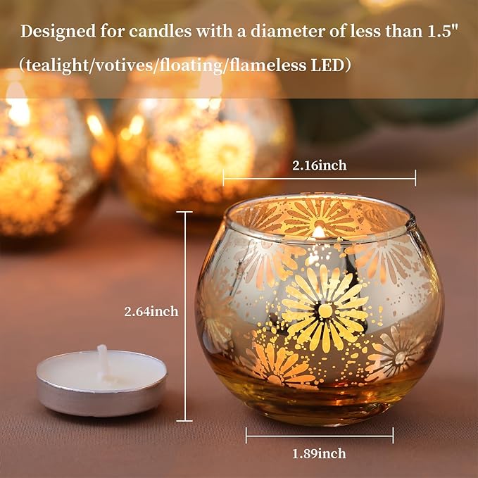 Gold Mercury Glass Votive Candle Holders Set of 12, Round Tealight Candle Holders Bulk for Table Centerpieces, Weddings, Shower Gifts, Christmas, Halloween Party Decorations