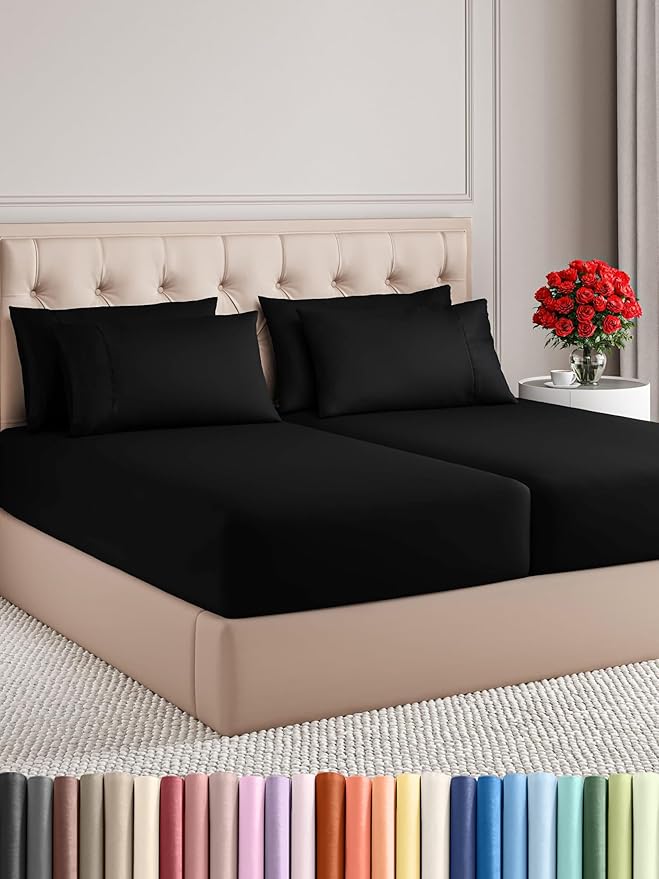 Split King 7 Piece Sheet Set - Comfy Breathable & Cooling - Ultra-Soft Hotel Luxury Bedding Set w/ 8-16 Inch Deep Pockets - 1 Flat & 2 Fitted Sheet & 4 Pillowcases - Wrinkle Free & Easy Care - Black