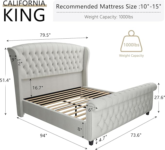 AMERLIFE California King Size Platform Bed Frame, Velvet Upholstered Sleigh Bed with Scroll Wingback Headboard & Footboard/Button Tufted/No Box Spring Required/Cream
