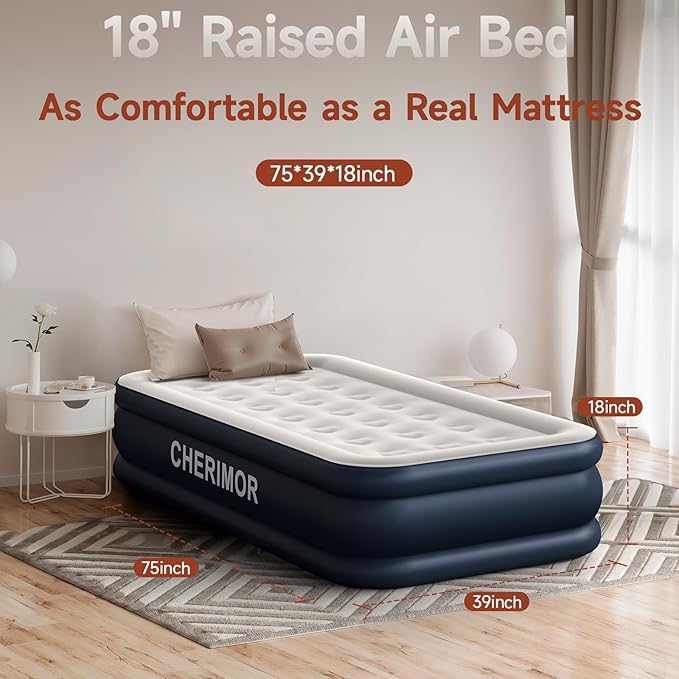 Twin Air Mattress with Built in Pump, 18 Raised Thick Inflatable Bed, 440lb Comfort Support, Inflatable Blow Up Mattress with Carry Bag for Camping, Fast Self-Inflating Air Bed for Guest&Home