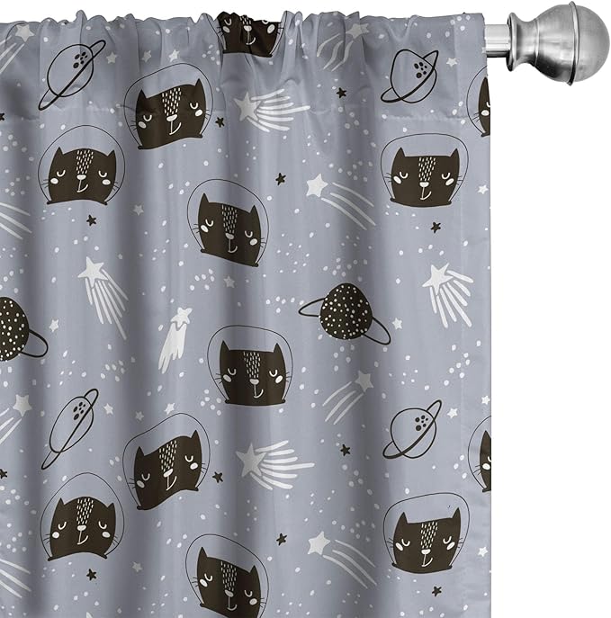 Ambesonne Outer Space Window Curtains, Astronaut Cats Exploring The Universe on Dotted Background, Lightweight Decor 2-Panel Set with Rod Pocket, Pair of - 28" x 84", Purple Grey