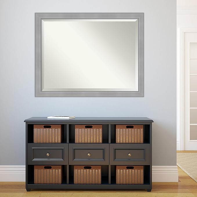 Amanti Art Silver Bathroom Mirror for Over Sink, 34x44 Vista Brushed Nickel Rectangle Vanity Mirror, X-Large Casual Frame, Hangs Horizonally and Vertically, Bathroom Wall Decor, Beveled Edge