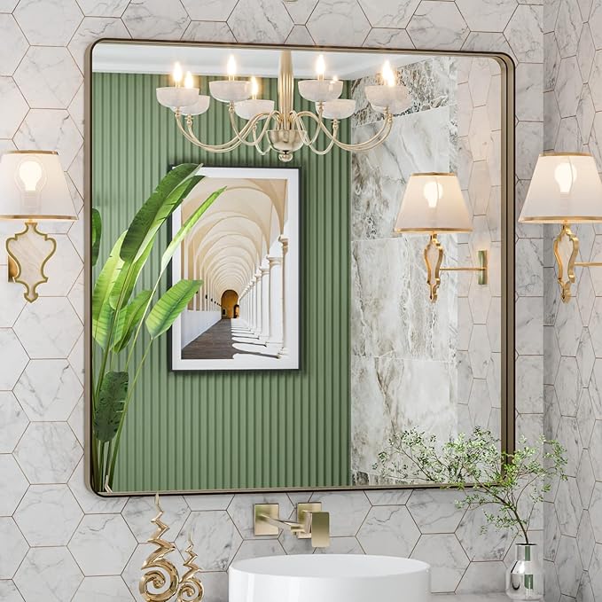 LOAAO 36”X36” Bronze Bathroom Mirrors for Vanity, Rounded Rectangle Brushed Bronze Metal Frame Mirror, Anti-Rust, Tempered Glass, Hangs Horizontally or Vertically
