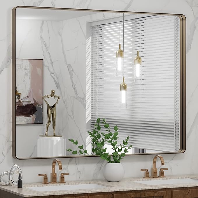 LOAAO 48”X36” Bronze Bathroom Mirrors for Vanity, Rounded Rectangle Brushed Bronze Metal Frame Mirror, Anti-Rust, Tempered Glass, Hangs Horizontally or Vertically
