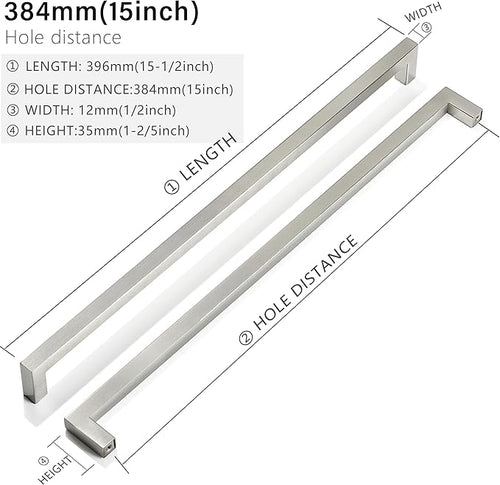 20 Pack 15 Inch Stainless Steel Square Cabinet Pulls, Brushed Nickel Finish, Easy to Install, Durable, Ambidextrous, 384mm Hole Centers