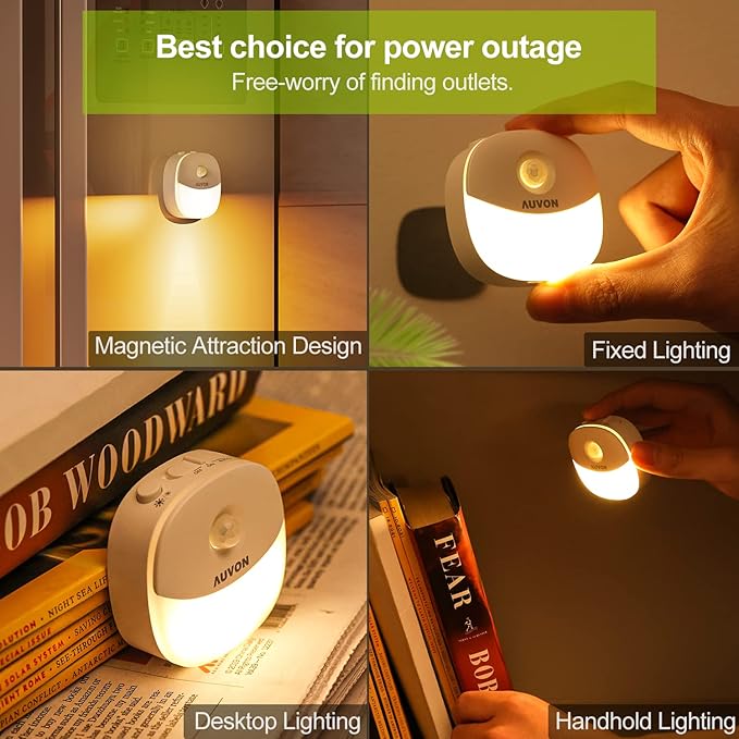 AUVON Rechargeable Battery Night Light, Mini with Motion Sensor, Warm White LED Stick-On Closet Light with Dusk to Dawn Sensor, Adjustable Brightness for Wall, Stairs, Hallway, Cabinet (2 Pack)